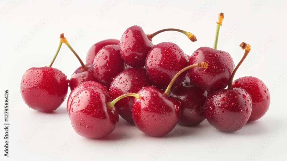 A cluster of ripe and juicy cherries with their deep red color, isolated on a pristine white background