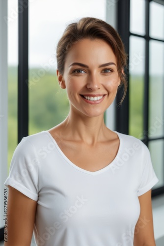 Free Download smiling woman in white shirt standing in front of large window - GFXLoad