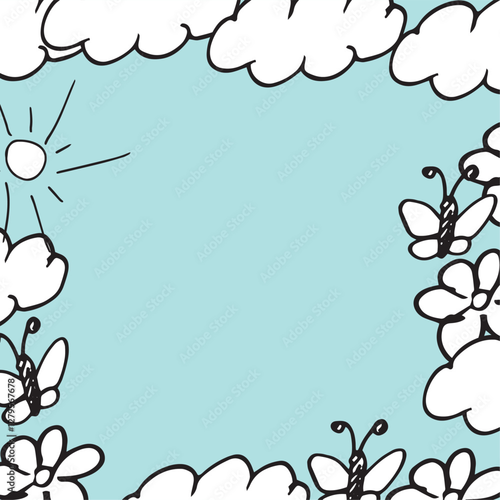 doodle frame on blue background flowers and butterflies cloud and sun vector illustration graphics base for fabric tableware postcards doodle frame on blue background flowers and butterflies cloud and sun vector illustration graphics base for fabric tableware postcards