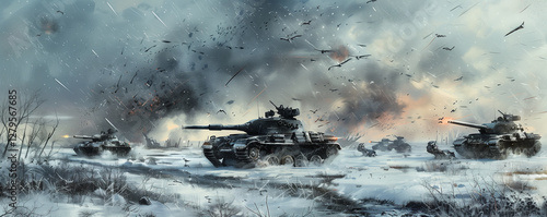 Battle tanks in a winter war zone with smoke and birds in the sky.
