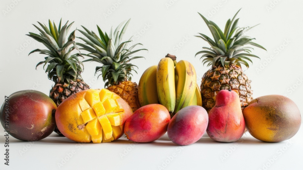 An assortment of tropical fruits including pineapples, bananas, and mangoes, displayed against a white background An assortment of tropical fruits including pineapples, bananas, and mangoes, displayed against a white background