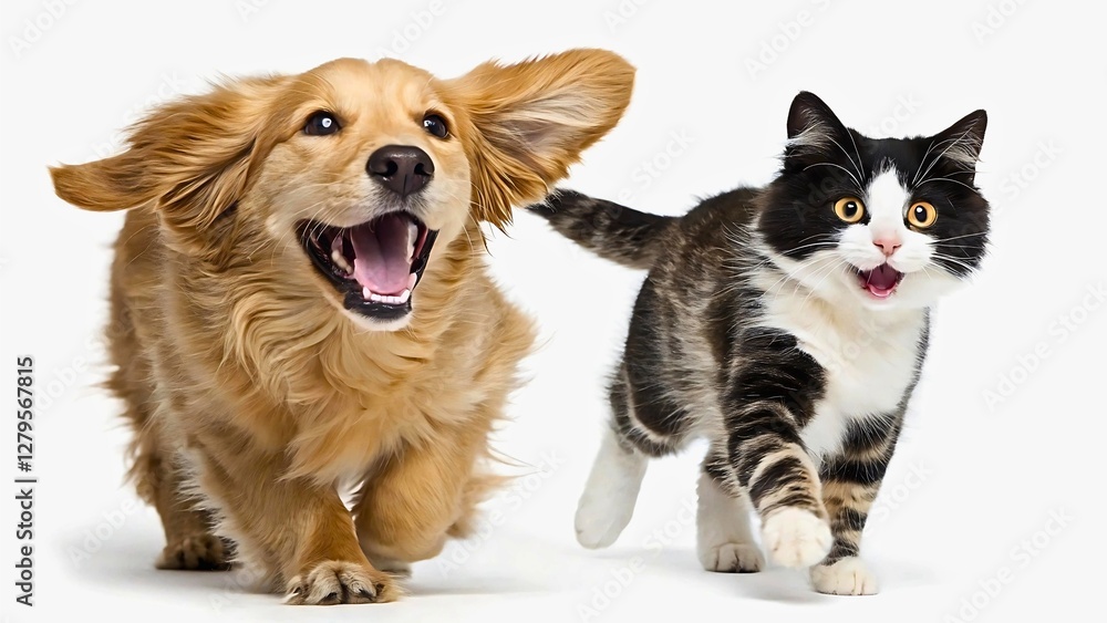 Cat and Dog Running and Playing Together, Showcasing Their Joyful Friendship on a White Background Cat and Dog Running and Playing Together, Showcasing Their Joyful Friendship on a White Background