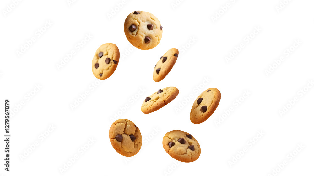 Obraz premium Chocolate Chip Cookies Falling Mid-Air, Perfectly Positioned with a Transparent Background for Creative Designs