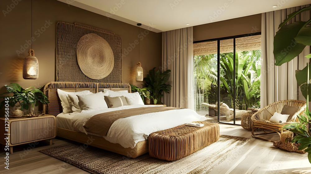 2025 Trendy Bohemian Bedroom with Mocha Walls, Rattan Furniture, and Lush Greenery 2025 Trendy Bohemian Bedroom with Mocha Walls, Rattan Furniture, and Lush Greenery