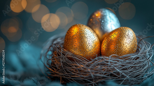 Golden and silver Easter eggs in a decorative nest, elegant holiday decor, soft indoor lighting, close-up shot, luxurious and festive photo