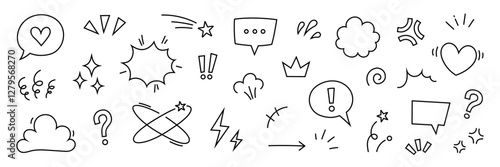 Comic cute speech bubble cartoon element icon set. Comic cute speech bubble, emphasis, star spark, line movement cartoon vector icon. Outline doodle speed motion, funny spark. Vector illustration