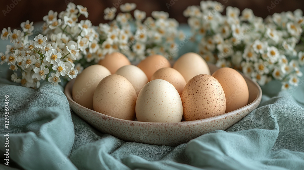 Pastel-colored eggs in a neutral-toned ceramic dish, Scandinavian minimalism with sleek modern table setting and soft even lighting Pastel-colored eggs in a neutral-toned ceramic dish, Scandinavian minimalism with sleek modern table setting and soft even lighting