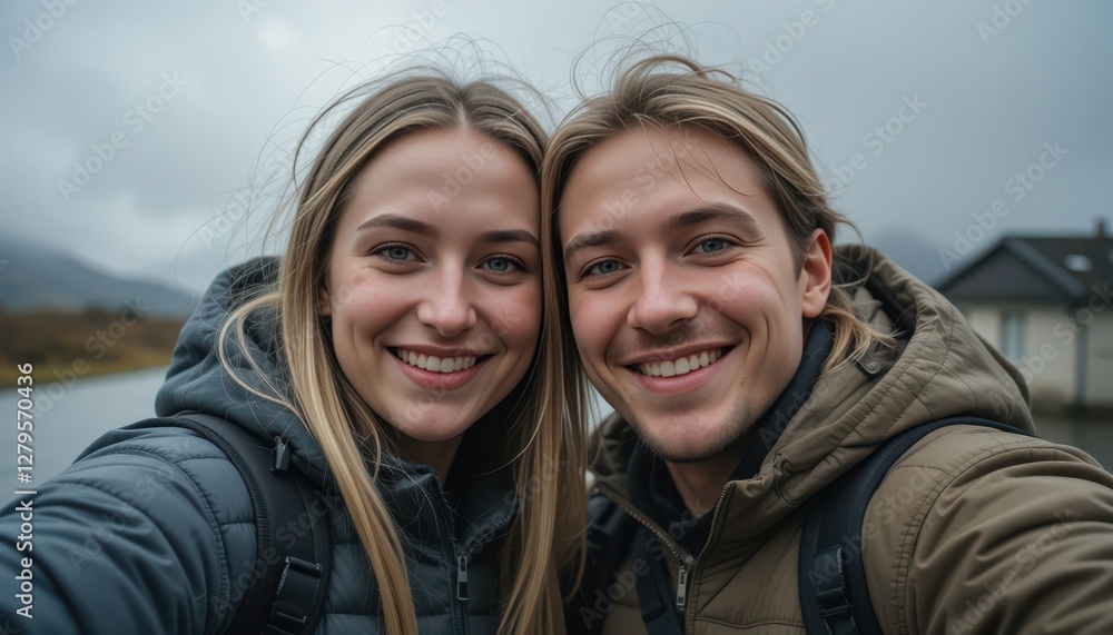 Two friends share a joyful moment in a picturesque location, smiling brightly despite the overcast skies. Their excitement reflects a day filled with exploration and memories Two friends share a joyful moment in a picturesque location, smiling brightly despite the overcast skies. Their excitement reflects a day filled with exploration and memories