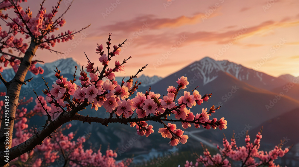 Fototapeta premium Peach Blossom Sunset Mountain Branches Spring Pink Background