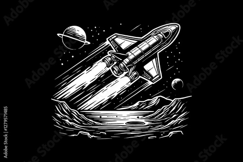 Rocket Launch Into Outer Space Black and White graphic design Illustration