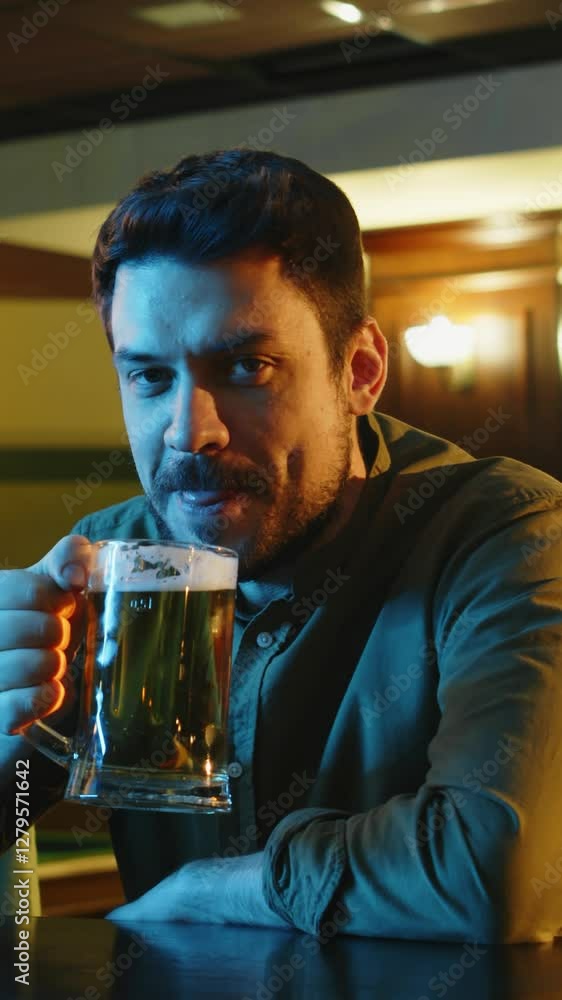 Vertical lowkey portrait of flirty Caucasian man with moustache drinking beer and winking at camera while sitting at bar counter at night Vertical lowkey portrait of flirty Caucasian man with moustache drinking beer and winking at camera while sitting at bar counter at night