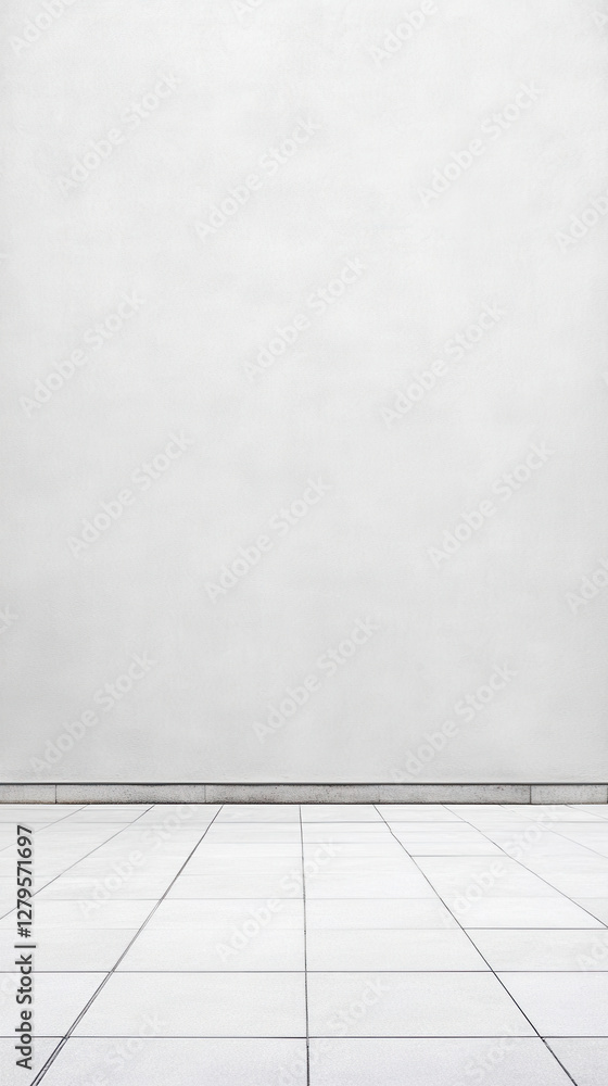 Minimalist light gray backdrop with geometric tiled floor for modern design concepts