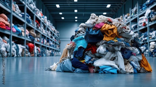 A large disorganized heap of used clothing sits amid shelves, representing the challenges of waste management and sustainability in the fashion industry.
