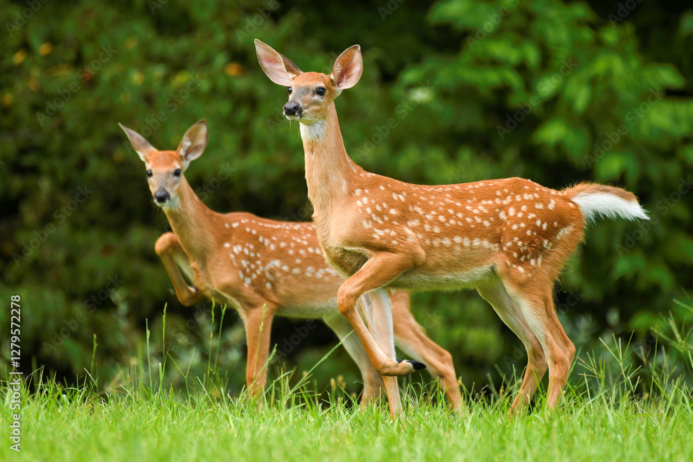 Two fawns stamp in unison as a warning. Two fawns stamp in unison as a warning.