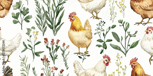 Seamless vector pattern with a hen, spring plants, herbs, Packaging, tablecloths, kitchen textiles, greeting cards, festive Easter designs
