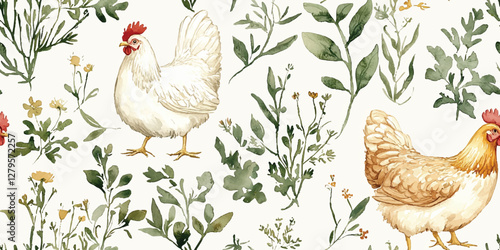 Seamless vector pattern with a hen, spring plants, herbs, Packaging, tablecloths, kitchen textiles, greeting cards, festive Easter designs
