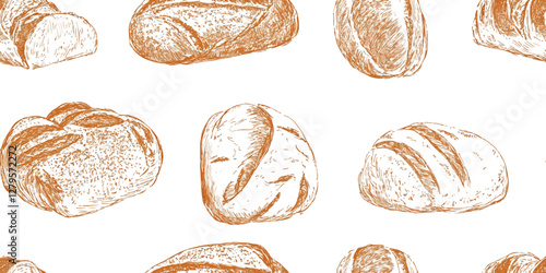 Hand drawn seamless pattern of bread and bakery products. Baked goods background, doodle beige seamless pattern. Vector background, Wallpaper for bread and confectionery