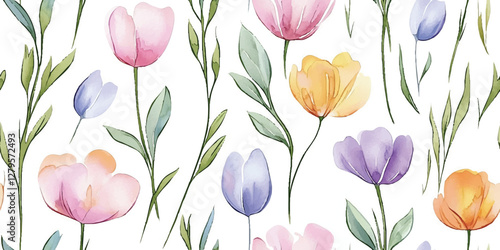 Seamless Vector watercolor pattern with spring flowers, tulips crocuses. Hand drawn illustration isolated on white background.