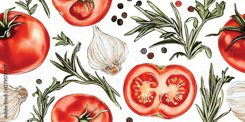 Watercolor seamless vector pattern with Italian pasta ingredients for cooking on a white background. tomatoes, garlic, rosemary, spices and herbs