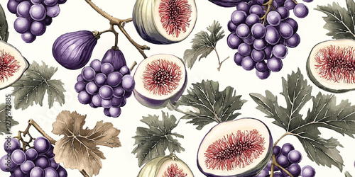 Watercolor vector seamless pattern with sweet ripe figs grapes and leaves on white background for greetings, invitations, manufacture wrapping paper, textile and web design.