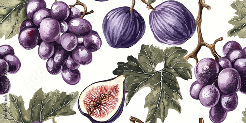 Watercolor vector seamless pattern with sweet ripe figs grapes and leaves on white background for greetings, invitations, manufacture wrapping paper, textile and web design.