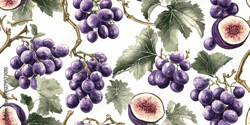 Watercolor vector seamless pattern with sweet ripe figs grapes and leaves on white background for greetings, invitations, manufacture wrapping paper, textile and web design.