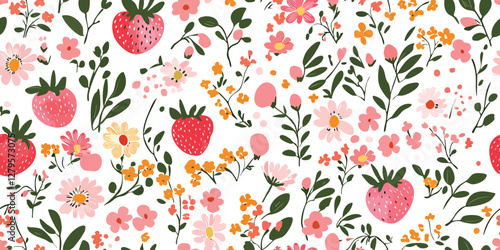 Watercolor seamless pattern with vintage strawberry branch with berries, leaves and flowers. Isolated on white