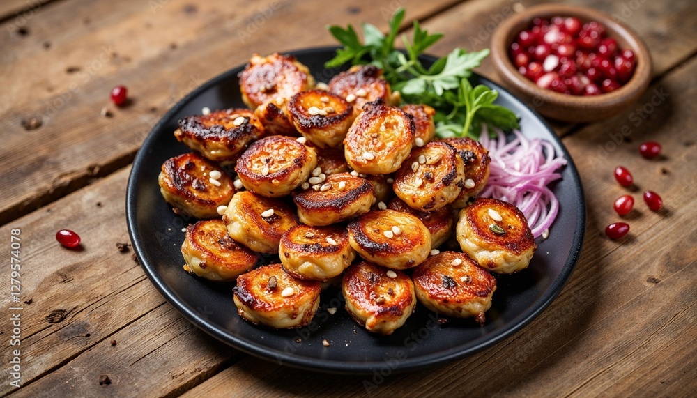 grilled savory pastries with pomegranate seeds and fresh herbs on black plate, rustic and flavorful dish for gourmet dining grilled savory pastries with pomegranate seeds and fresh herbs on black plate, rustic and flavorful dish for gourmet dining