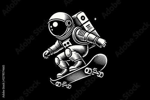 Astronaut in Space Suit cartoon playing skateboard Black and White graphic design Illustration