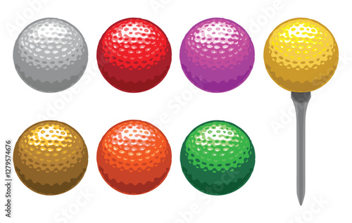 Seven stylish golf balls in white, red, pink, yellow, gold, orange, and green, each on a golf tee. Modern flat vector design for men’s and women’s golf logos, icons, and symbols.