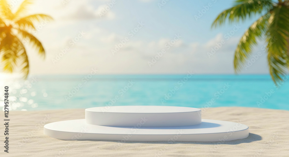 Obraz premium empty white podium in tropical sand over blurred tropical sea background.