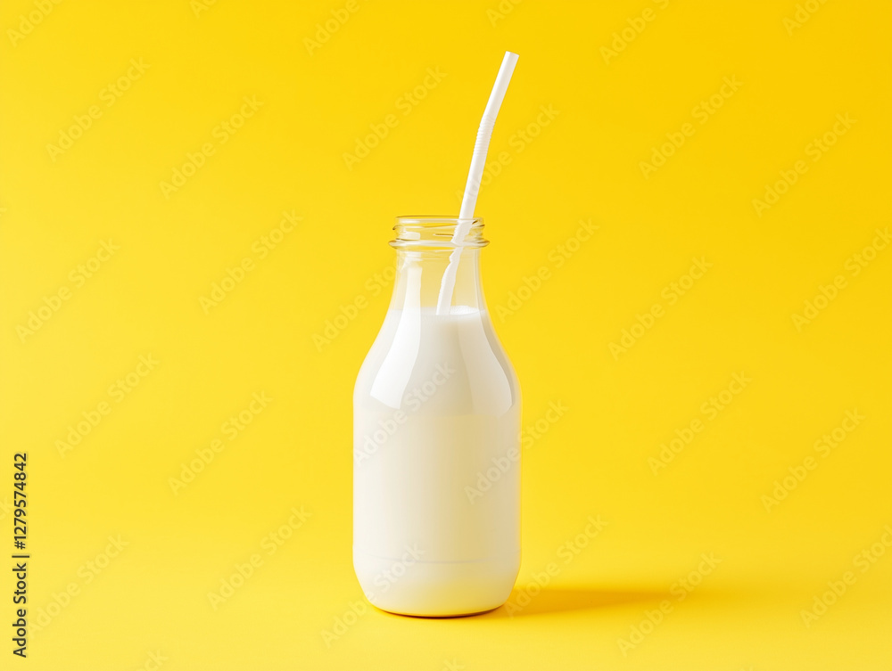 Layout of a white bottle with a straw on a yellow background Layout of a white bottle with a straw on a yellow background