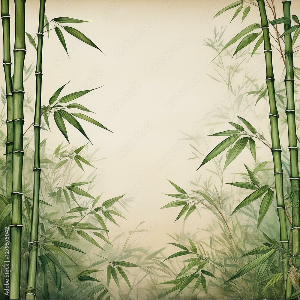 Obraz premium 正方形のベージュの和紙に描かれた和風の緑色の竹林のフレーム背景壁紙。コピースペースあり。aiで生成
