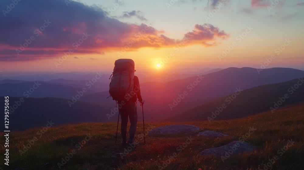 Fototapeta premium Hikers admire mountain sunset vista