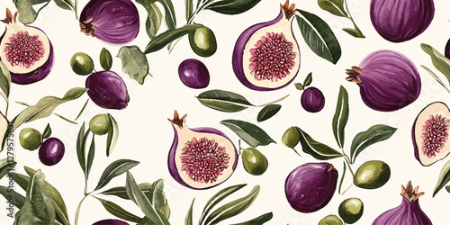Hand drawn seamless pattern of tropical fig fruits and foliage featuring stylized purple ripe figs with leaves for textile design vector illustration