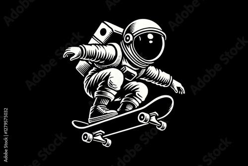Astronaut in Space Suit cartoon playing skateboard Black and White graphic design Illustration