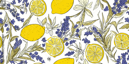 Seamless vector pattern with yellow lemons and blue flowers. Fruit repeated background. Vector bright print for fabric or wallpaper.