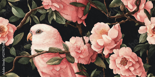 An exotic tropical vector seamless floral pattern. Birds pink parrots on a branch. Nature illustration vintage leaves, flowers. Wildlife. For paper, Hawaiian textiles, summer wall papers