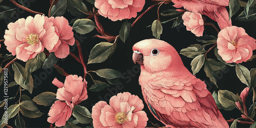 An exotic tropical vector seamless floral pattern. Birds pink parrots on a branch. Nature illustration vintage leaves, flowers. Wildlife. For paper, Hawaiian textiles, summer wall papers