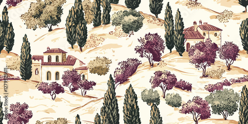 Seamless vector pattern with Tuscan countryside landscape, rustic villas, vineyards, and cypress trees. vintage style, for textiles, wallpapers, packaging, and branding with an elegant