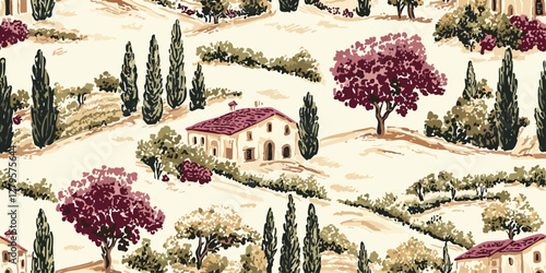 Seamless vector pattern with Tuscan countryside landscape, rustic villas, vineyards, and cypress trees. vintage style, for textiles, wallpapers, packaging, and branding with an elegant