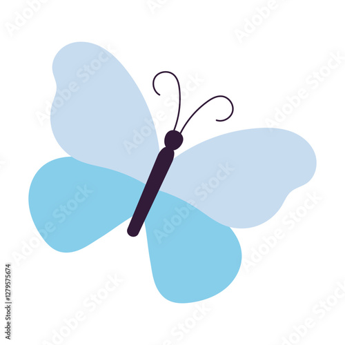 A blue butterfly with a black body and a black head. The butterfly is drawn in a stylized way, with a focus on its wings and body. The image has a whimsical and playful mood