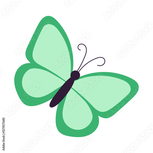 A green butterfly with a black body and a black head. The butterfly is sitting on a white background