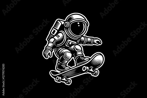 Astronaut in Space Suit cartoon playing skateboard Black and White graphic design Illustration