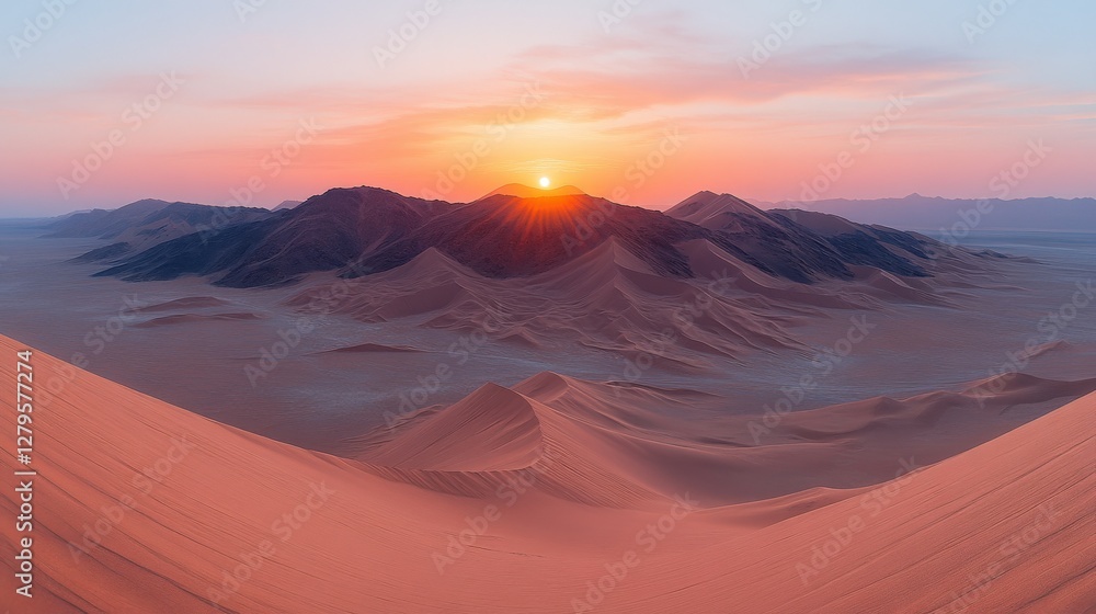 Naklejka premium Breathtaking desert sunrise landscape photography. Golden hour light illuminates vast sand dunes and majestic mountains.