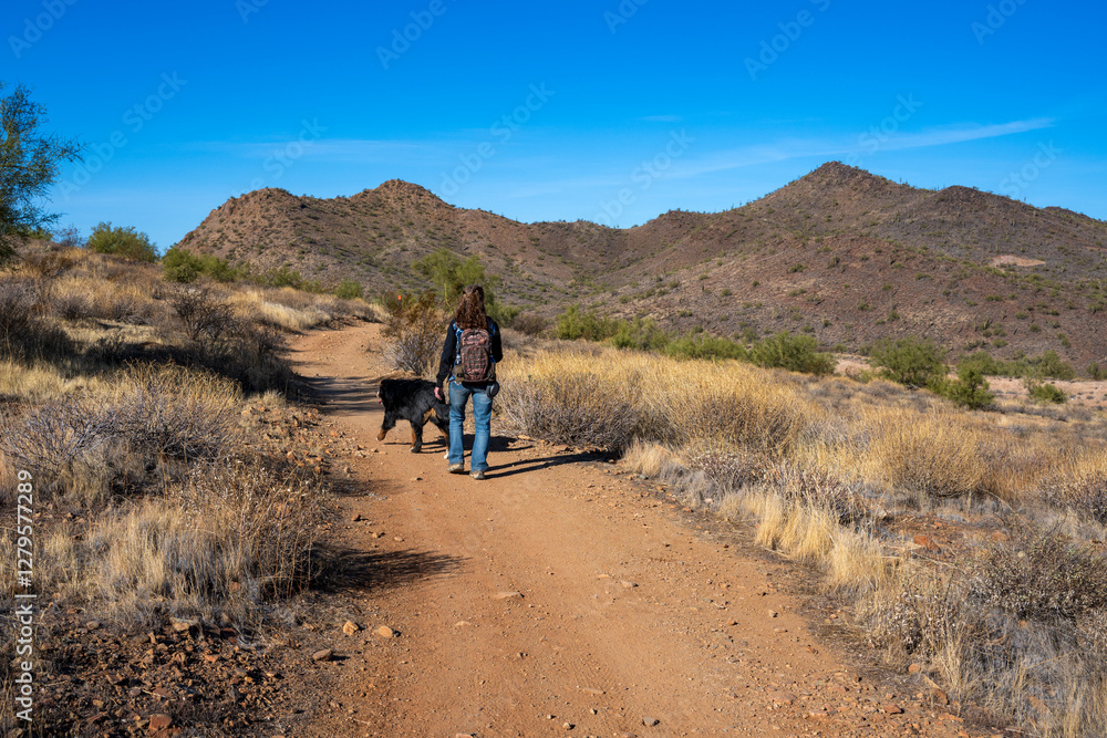A woman walking her mountain dog in an Arizona park A woman walking her mountain dog in an Arizona park