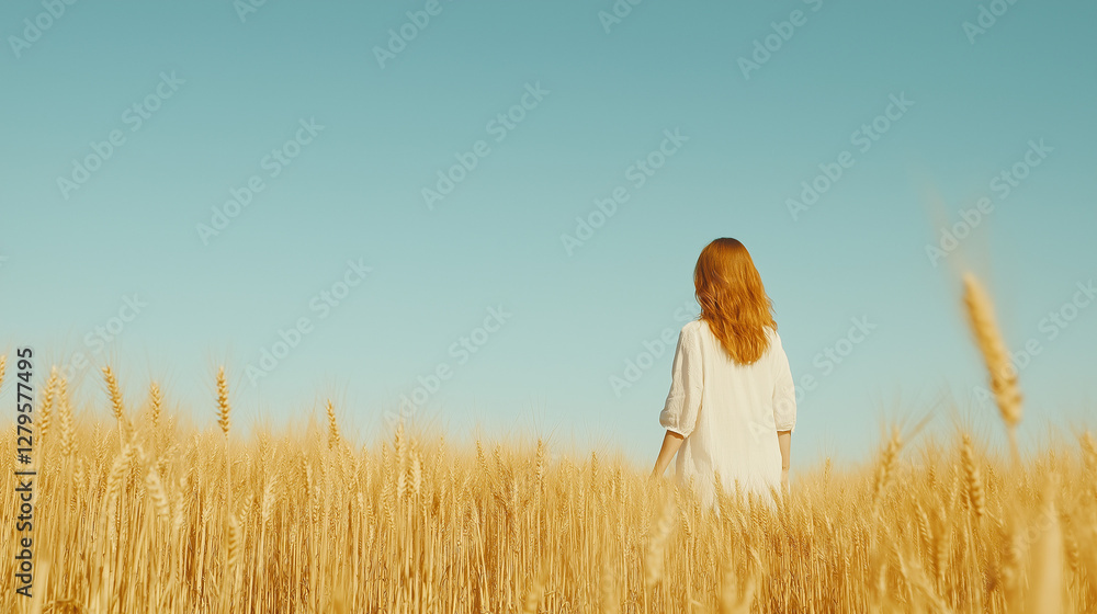 A solitary woman with red hair, dressed in white, walks through an endless golden wheat field under a vast blue sky, evoking serenity and freedom.
A solitary woman with red hair, dressed in white, walks through an endless golden wheat field under a vast blue sky, evoking serenity and freedom.