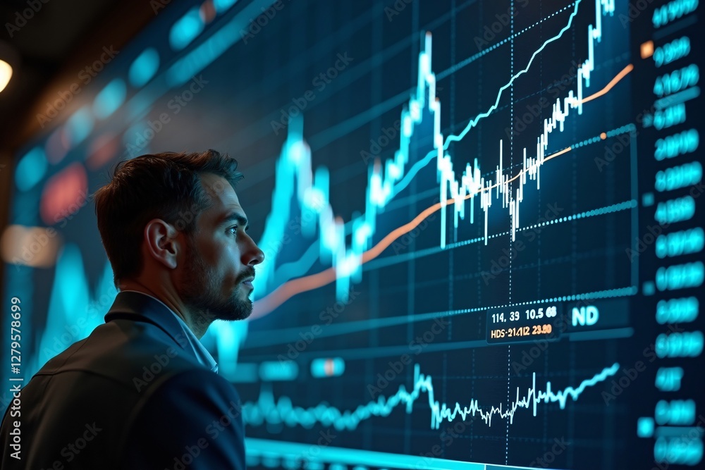 Portrait of a businessman with Stock Graph expressing determination and professionalism in a neutral background