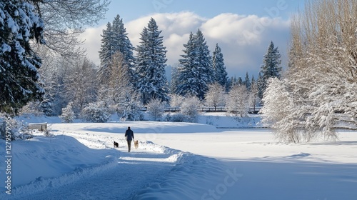 Man walking dogs on snowy path in park photo