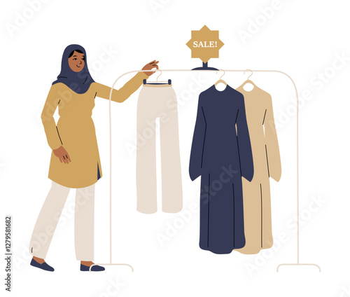 Muslim Woman Shopping For Modest Clothing In Flat Vector Illustration Symbolizing Fashion, Retail, And Modesty, Isolated On White Background